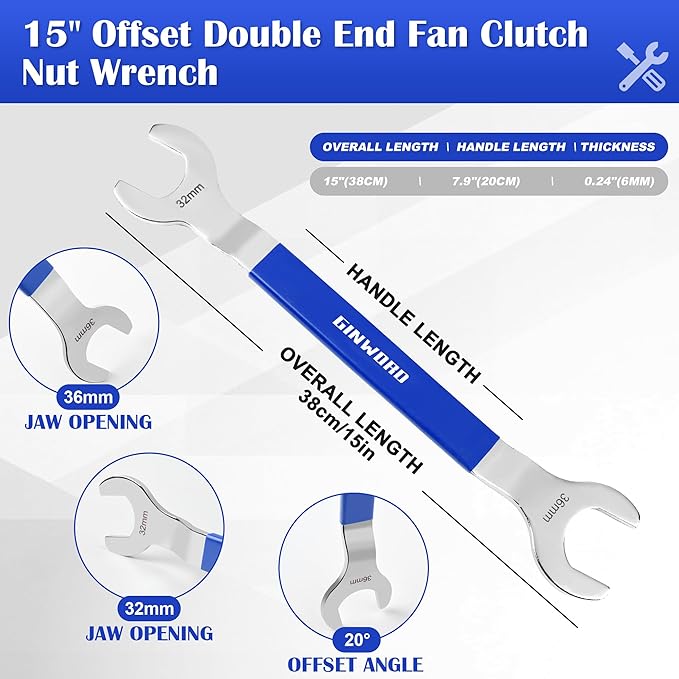 2Pcs Fan Clutch Wrench Set, 32mm & 36mm Wrenches,Water Pump Pulley Holder for Ford,BMW,GM,Chevrolet,Blue