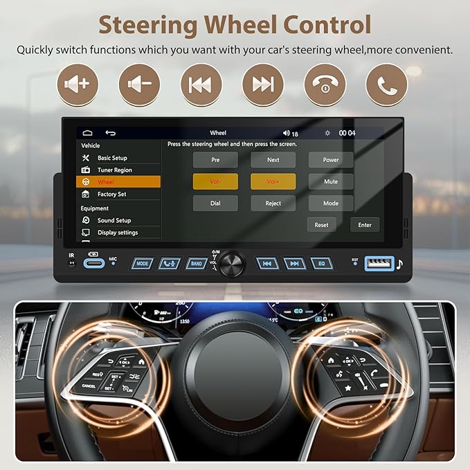 6.86" Android CarPlay Stereo, Single Din Car Radio with Android Auto, HD Touch Screen Bluetooth Handsfree FM Audio Receiver with Mirror Link, SWC,Backup Camera Support USB/TF/AUX/MIC