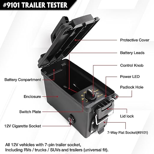 9101 Trailer Light Tester 7 Way Spade Pin with Trailer Plug Adapter Trailer Wiring Tester for RV Utility Trailer Test Lighting and Brake Systems Avoid Blown Fuses