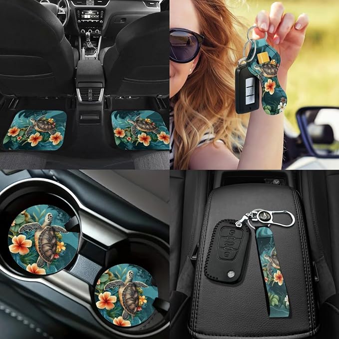 Sea Turtle Car Seat Covers Full Set of 17 Pcs,Plumeria Car Accessories with Animal Turtle Car Floor Mats Auto Seat Belt Cover Steering Wheel Cover Automotive Interior Seat Mat Cover for Women