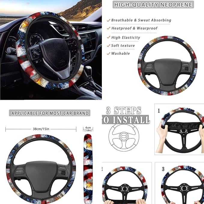 American Flag & Bald Eagle Car Seat Cover Set of 11, Patriotic Auto Decor with Universal Fit Steering Wheel & Seat Belt Covers for 250th Anniversary and 4th of July