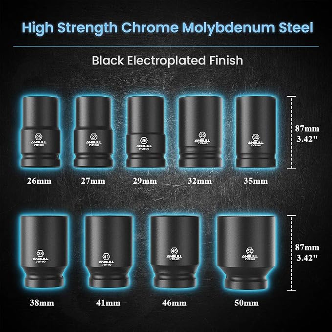 1 Inch Drive Deep Impact Socket Set, 9 Pieces Jumbo Impact Socket Sets, 6-Point, Metric Sizes (26, 27, 29, 32, 35, 38, 41, 46, 50mm), CR-Mo Steel (1 Inch-Metric)