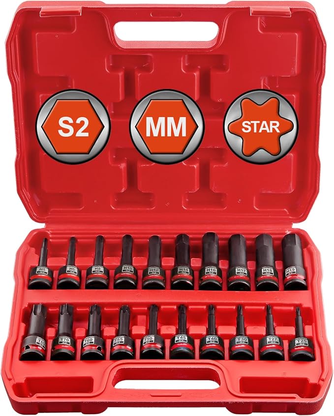 GETLITOOL 20Pcs Impact Allen Bit Socket Set, 1/2" Drive S2 Steel Hex & Torx Bit Sockets with Size-marked and Storage Case for Car Repair, Mechanical Maintenance, 5mm-19mm & T20-T80, Tools for Men