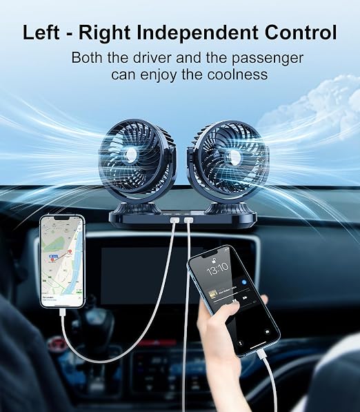 Dual Head Auto Oscillating Car Cooling Fan for Dashboard, DC 12V / 24V Cigarette Lighter Plug Car Fans that Blow Cold Air Cooler for Vehicles Sedan SUV Rv Van Truck Utv Tractor Cab Without AC