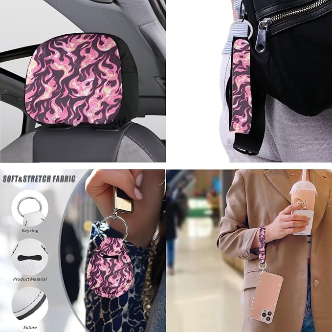 Pink Flame Graphic 13 Set Car Seat Cover, Color Fire Print Cup Holder Coasters Headrest Cover, 3D Flame Graphics Steering Wheel Cover Seat Belt Cover Keychain