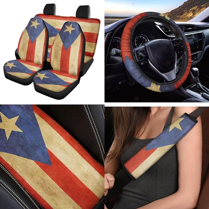 Vintage Puerto Rico 12 Pack Car Seat Covers Full Set with Auto Seat Belt Cover Car Armrest Cushion Cars Cup Coasters Steering Wheel Cover Universal Fit Most Cars SUV