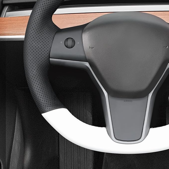 MEWANT Hand Stitch Black White Faux Leather Steering Wheel Cover Wrap for Tesla Model Y 2020-2023 Tesla Model 3 2020