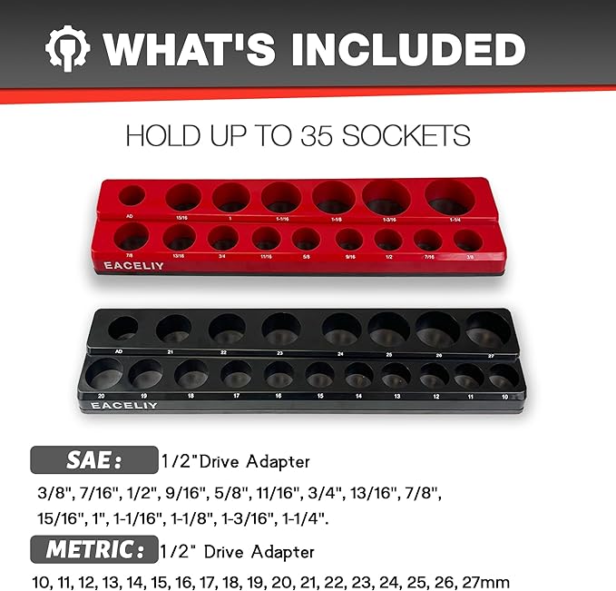 EACELIY 1/2" Magnetic Socket Organizer Set, 2-Piece SAE & Metric Socket Holder Kit,，Tools tray， holds 35 Deep and Shallow 1/2" Sockets, attaches to steel box/tool cart (sockets not included)