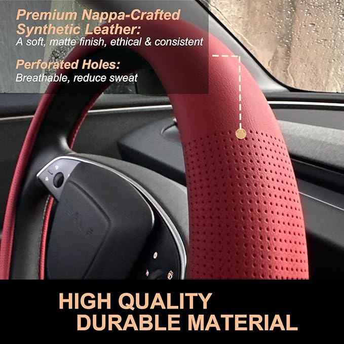 PINCTROT Nappa Leather Steering Wheel Cover for Tesla Model Y/3 Highland/Juniper, D Shaped 14 Inch Small Sized with Breathable Perforation, Fit Like Gloves, Flat Bottom 14 Inch(Nappa Rust Red)