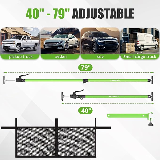 KILOUPOLE Adjustable Cargo Bar, 40" to 79" Non-Slip Truck Bed Divider, Cargo Bar for Pickup Truck Bed Cargo Bars for SUVs, Trailers, Vans, Comes with 2 Cargo Bars, 2 Dividers, 1 Cargo Net