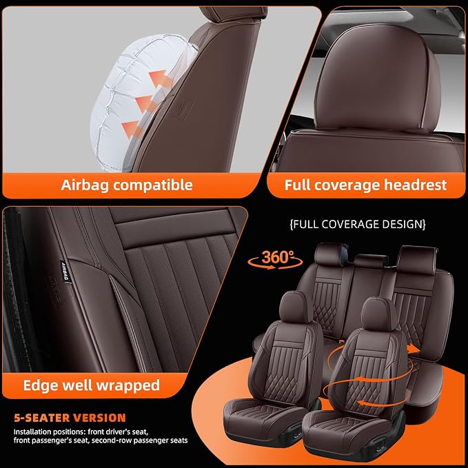 Premium Nappa Leather Car Seat Covers Full Set, Universal Fit for Most Sedans, SUVs - Waterproof & Breathable, Compatible with Honda Civic, Toyota Corolla, Jeep Cherokee/ 5-Seater, Luxury Brown