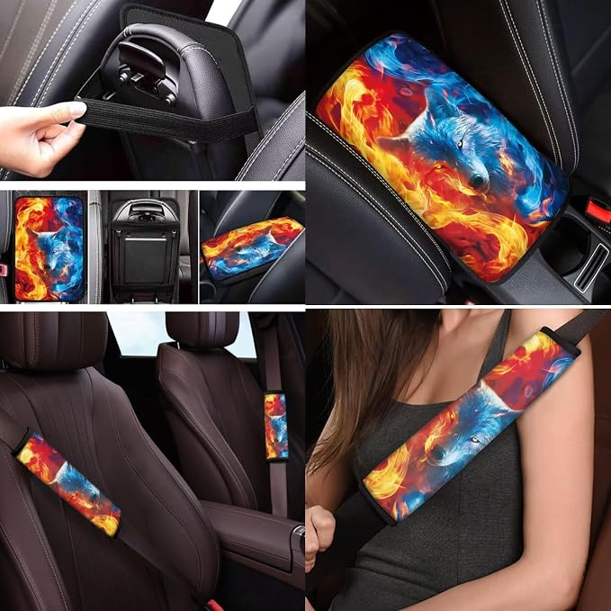 Mumeson Wolf Pattern Car Seat Covers Soft Rubber Steering Wheel Cover and 2 Pcs Adjustable Seatbelt Covers Shoulder Cushion Pad 1 Pcs Armrest Cover 8 Pack Car Accessories Decor Set