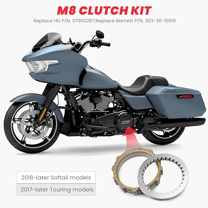 M8 Friction Steel Plate Clutch Kit - For Harley Touring Softail Milwaukee-Eight Engine Models, 10x Friction, 9x Plate Steel Plate, 3x Springs