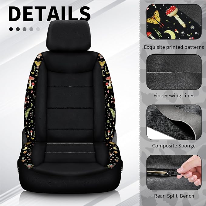 23 Pcs Leather Car Seat Cover Full Set for Women,Universal Car Seat Cover, Print Printing Car Steering Wheel Cover Center Console Armrest,Sunglass Holder Accessories Full SUV (Black Mushroom)