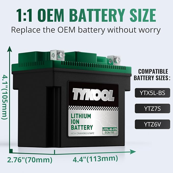 TYKOOL LFP5L-BS-STD 12V Lithium Battery, Replaces YTX5L-BS 150CCA, Fits for Motorcycle ATV Scooter, Compatible with Kawasaki KFX50 Suzuki LT-Z50 Polaris Outlaw 50, Digital Readout, Polarity [- +]