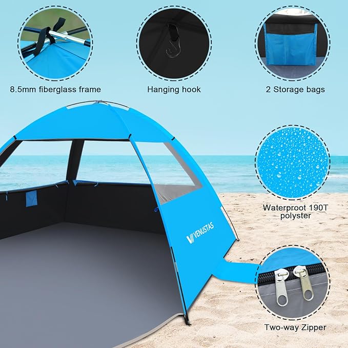 Venustas Beach Tent Sun Shelter for 3/4/6/8 Person, UPF 50+ UV Protection Beach Canopy, Lightweight and Easy Setup Cabana, Portable Shade Tent