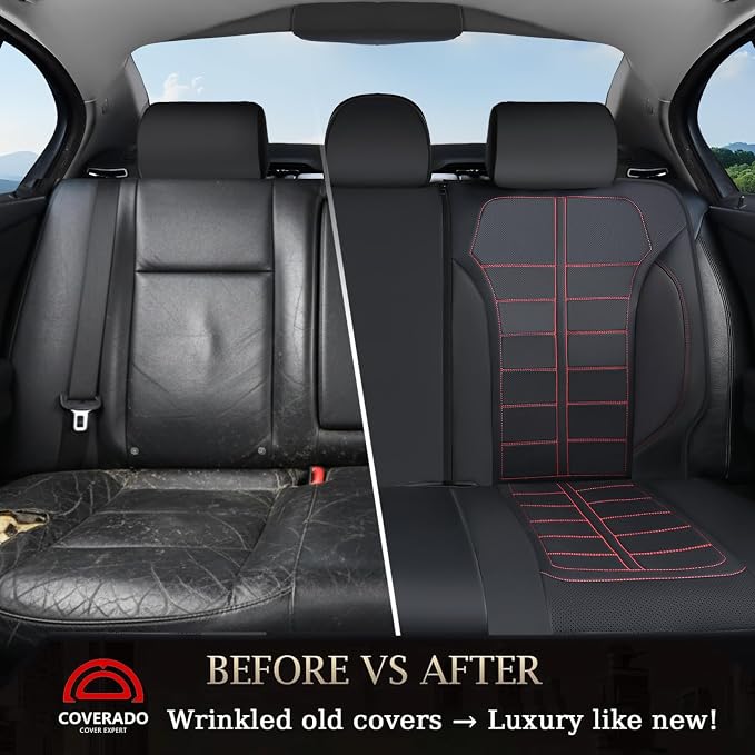 Coverado Full Set Leather Car Seat Covers, Crafted with Full Leather Construction and Carbon Fibre Weave Universal Fit for Most Cars SUV Trucks(Redline