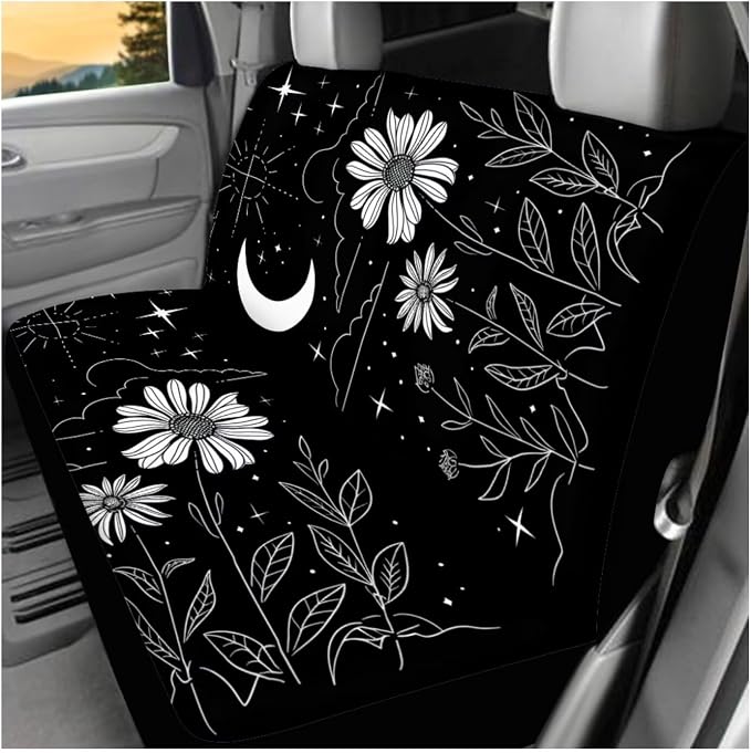 Ystardream Starry Daisy Car Seat Cover Full Set for Women Men Rubber Steering Wheel Cover License Plate Frame Mirror Covers Moon and Stars Car Accessories for Car SUV Truck