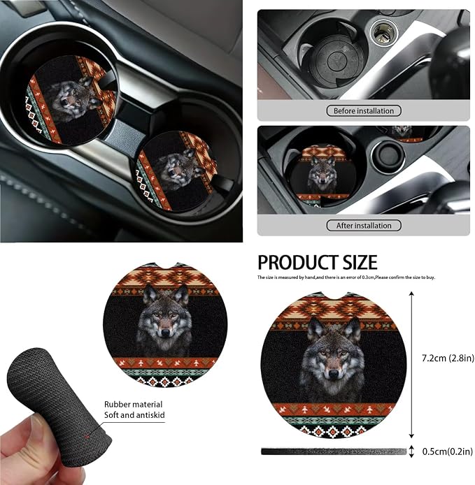 Aztec Wolf Car Front Back Seat Covers Full Set with Steering Wheel Cover Safe Belt Pads Cup Coasters Garbage Cans Rear View Mirror Cover Keychain Air Vent Storage Case, Set of 15