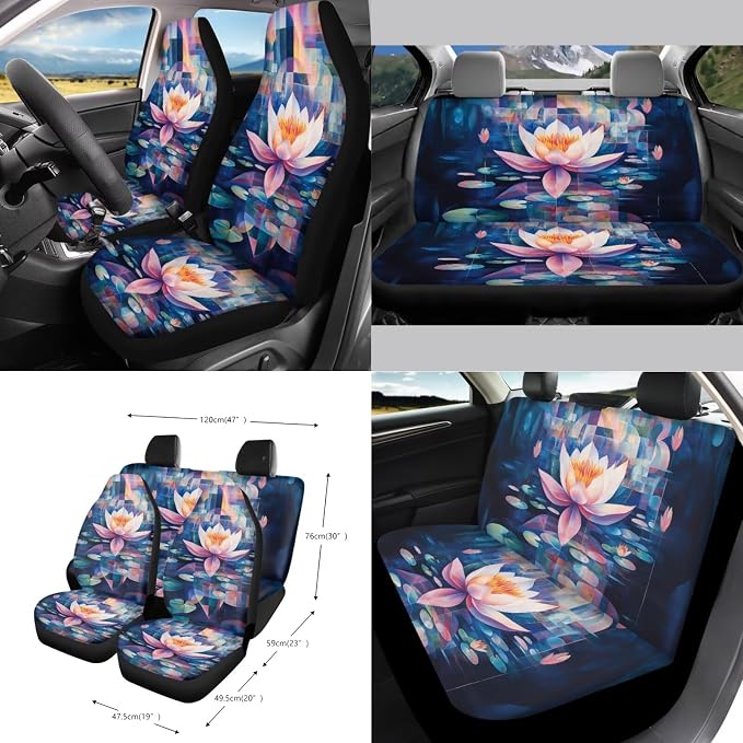 Lotus Digital Painting Pattern Auto Accessories Set of 15, Car Seat Cover Steering Wheel Cover Seat Belt Cover Air Vent Storage Bag Keychain Trash Bin and Mirror Cover