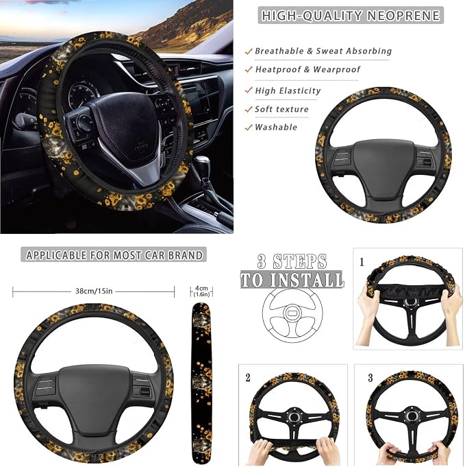 Xoenoiee Wolf Sunflower Black Pattern Car Seat Covers and Accessories, Front Rear Seat Covers, Steering Wheel Cover, Seat Belt Pads, Coasters, Keychains for Car SUV Decor, 11 PCS Set