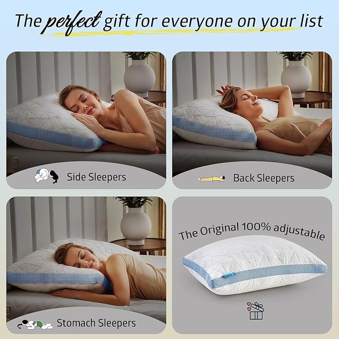 BETU Cooling Standard Pillow, Shredded Memory Foam Cool Pillow for Hot Sleepers, Adjustable Firm Soft Support Bed Pillows Perfect for Back Neck Pain and Side Sleeping with Pillows Case Cover, Blue