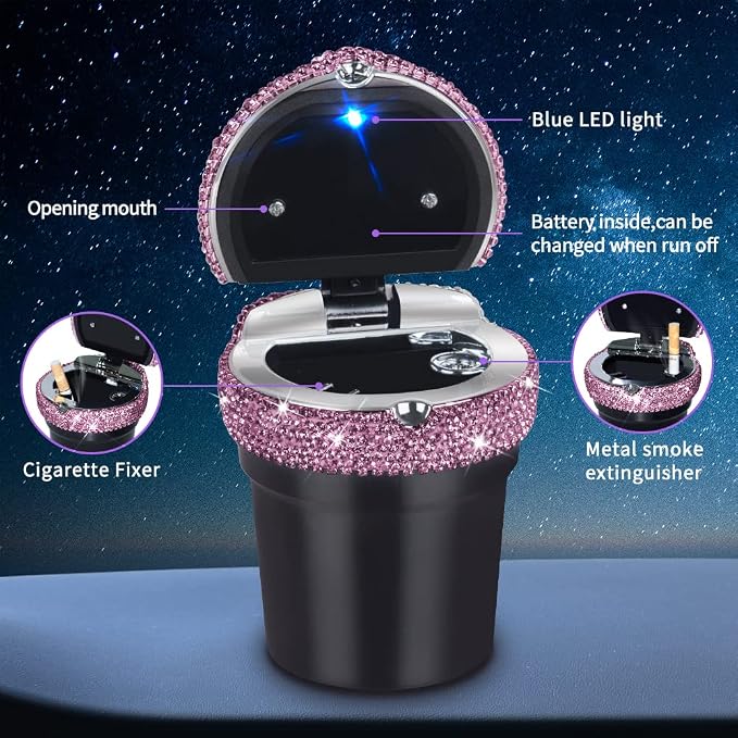 eing Car Ashtray Portable Bling Cigarette Smokeless Cylinder Cup Holder with Blue LED Light Indicator and 2 Replacement Batteries,Car Accessories for Women,Ideal for Car,Home and Office,1-Pack Purple