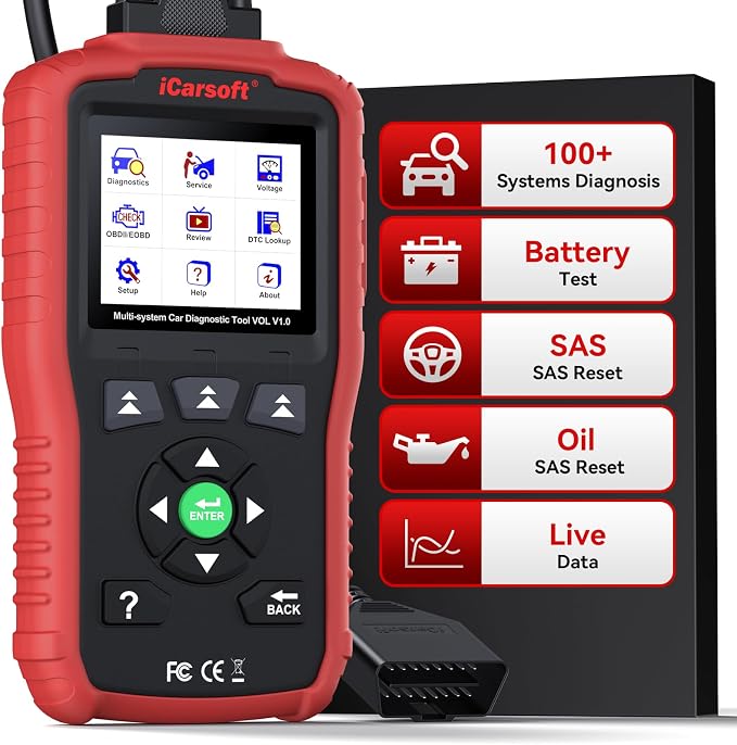 iCarsoft OBD2 Scanner for Volvo/Saab, VOL V1.0 All Systems in-Depth Diagnostic Tool, Oil Reset/SAS Reset/Live Data, Code Reader Scan Tool, CAN-FD Supported -Lifetime Free Updates
