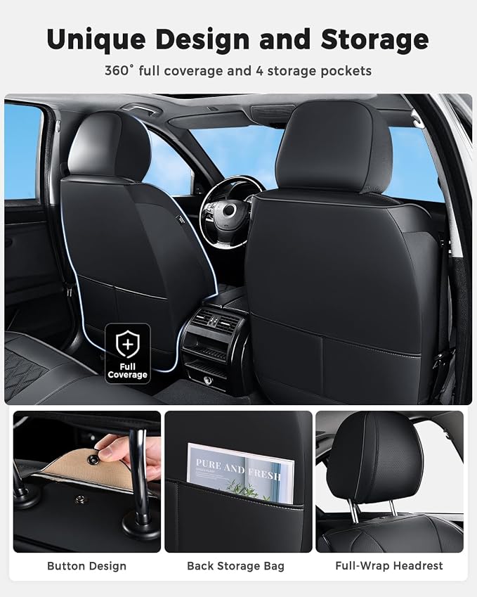 Huidasource Luxury Waterproof Faux Leather Car Seat Covers, Universal Fit for Most Cars, SUVs & Trucks, Airbag Compatible, Easy to Install, Resist Spills, Dirt and Wear for Daily Use, Black