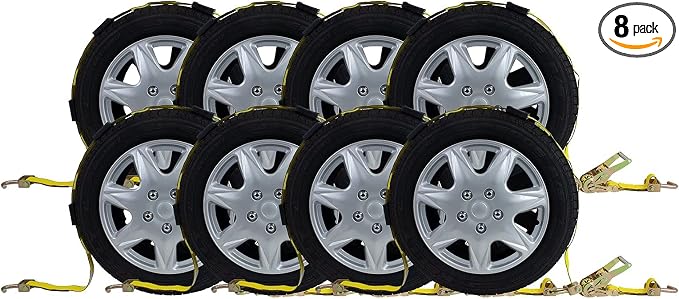 Mytee Products 8 Pack 2" x9' Over The Wheel Tire Straps with Ratchet, Swivel J Hook & Rubber Blocks - 10,000 LBS Breaking Strength Towing Tie Down Straps for Auto Car Haulers, UTV, Truck Trailer Bed