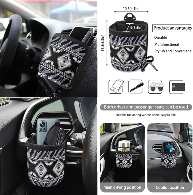 Wanyint Black Gray Car Seat Cover Set 15 Pack with Steering Wheel Seat Belt Strap Rearview Mirror Cover Garbage Cans Air Vent Pouch Coasters Keychain Auto Decor, Aztec Navajo Zebra Print