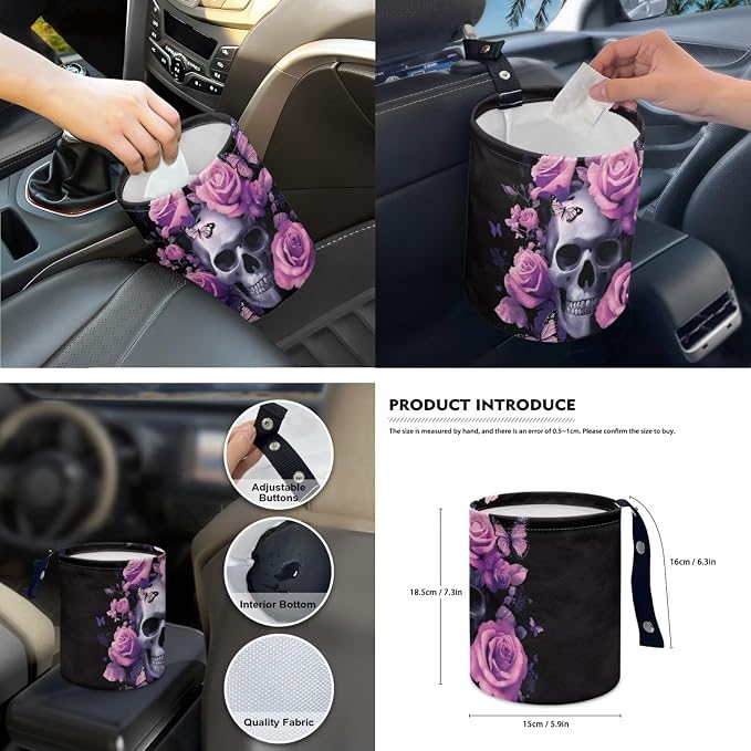 15 Pcs Pink Rose Skull Auto Interior Accessories Car Seat Covers with Auto Steering Wheel Cover Seat Belt Covers Car Trash Can View Mirror Cover Coaster Keychains