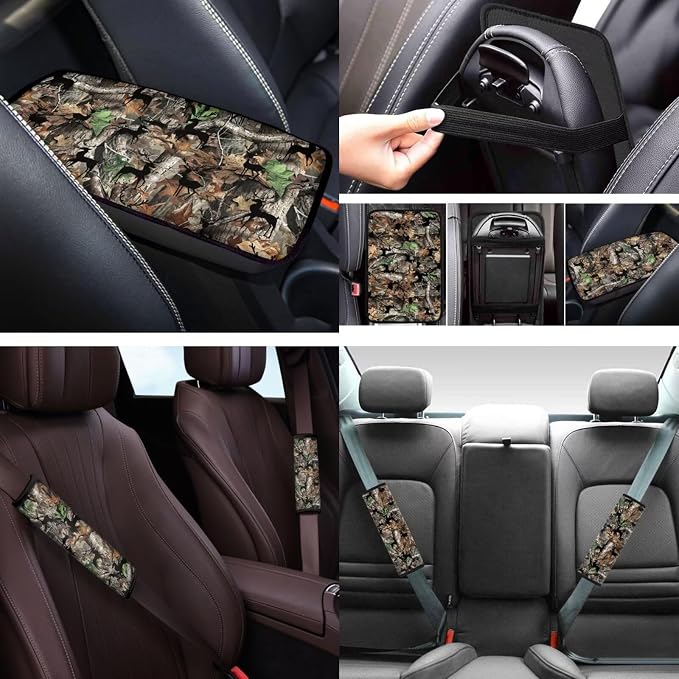 Camo Hunting Car Seat Covers Full Set 12 Pack Steering Wheel Cover Center Console Cover Cars Coasters Car Seat Belt Cover Universal Fit Automotive Most Cars