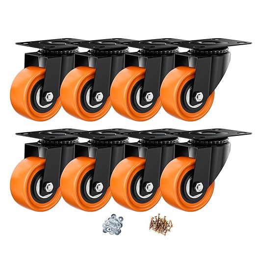 2" Swivel Plate Casters Set of 8 Heavy Duty 400 lbs | Orange PU, Non-Marking, Quiet. 400 Lbs/4 Casters. No Brake - Continuous Rolling. Black Rustproof Bracket. Workshop, Garage