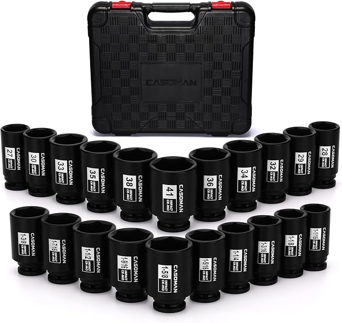 CASOMAN 1/2” Drive Deep Big Impact Socket Set, 21 - Piece Large Spindle Axle Nut Impact Wrench Socket Set, 6 Point, CR-MO, Metric & SAE, 27mm - 41mm, 1-1/16" - 1-5/8"