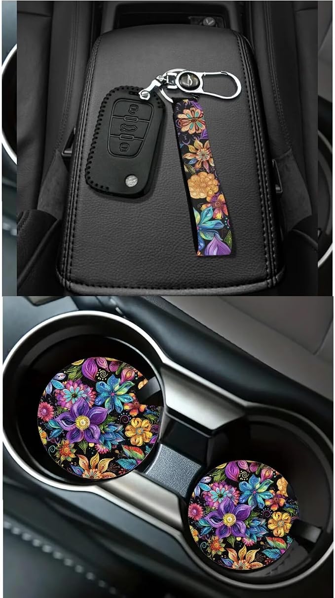 Dreaweet Boho Floral Car Seat Covers Full Set for Women Flower Car Accessories Set 15 Pcs Car Steering Wheel Cover Seat Belt Pad Trash Bag Vent Storage Bag Rearview Mirror Cover Car Coasters Keychain