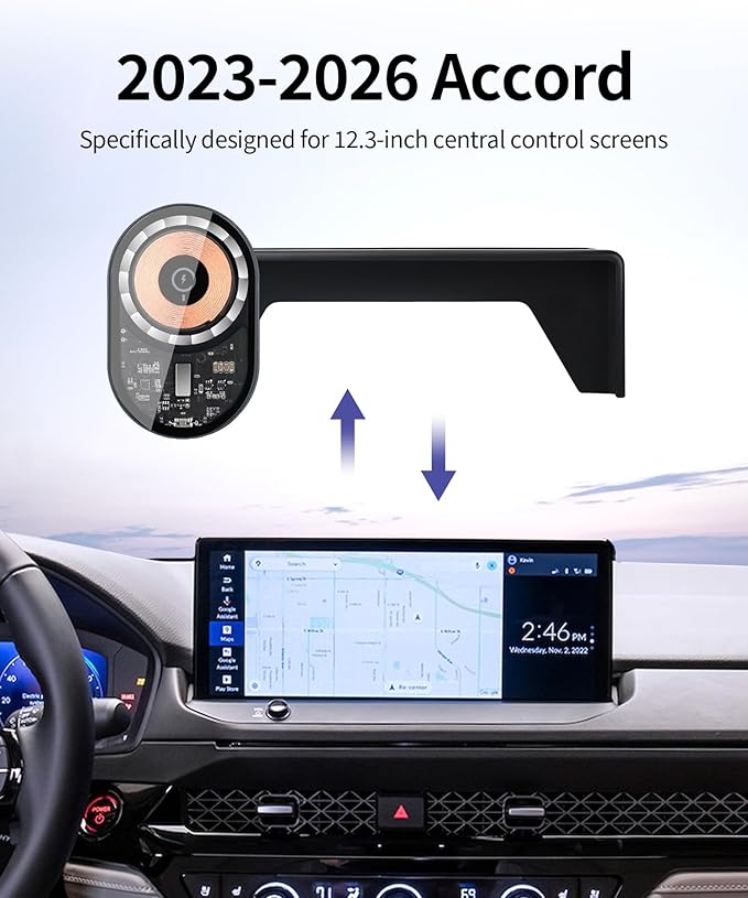 Wireless Charging Car Phone Holder for Honda Accord/Hybrid 2023-2026, 12.3" Screen Fixed Clip, 360° Rotation Car Phone Mount Compatible with MagSafe