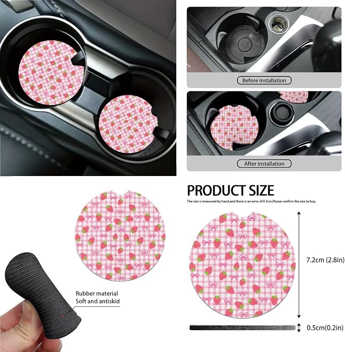 Strawberry Bowknot Print 18Pcs Automotive Seat Covers & Accessories Full Set High Back Bucket Seat Covers for Car Front and Back Seats with Steering Wheel Cover Safety Belt Pads etc