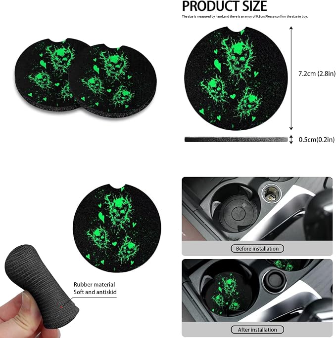 Howilath Green Glowing Skull Front Car Seat Covers Set with Interior Accessories Steering Wheel Cover/Seatbelt Pads/Keychain/Armrest Cushion/Coasters Fit Sedan Truck Van - 10 Packs