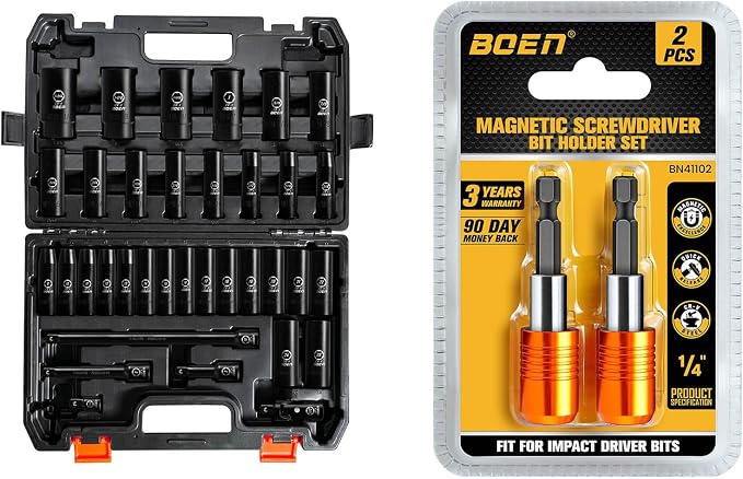 BOEN 35PCS 1/2" Drive Deep Impact Socket Set + 2PCS Magnetic Drill Bit Holder