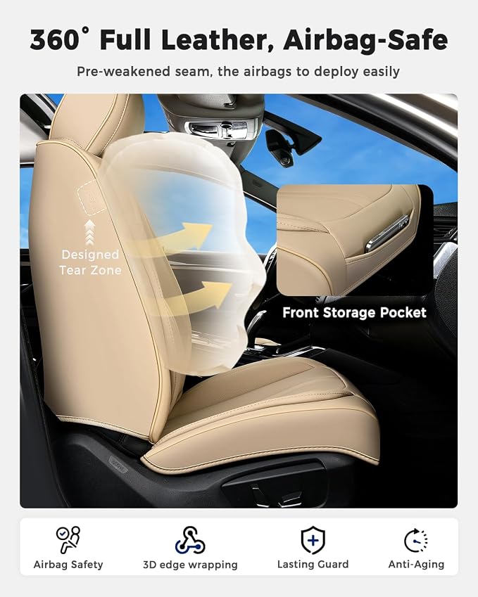 Huidasource Beige Front Seat Cover Luxury Nappa Leather, Front Car Seat Cover with Airbag, Front Storage Pocket, Lumbar Support, Cooling＆Heating, Universal Fit for Most Cars SUV Trucks, Beige