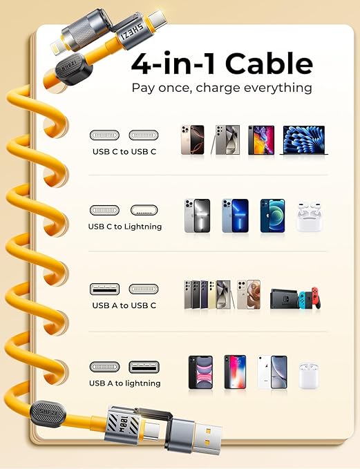 Coiled Cable & Clip 4-in-1 USB C Cable 100W Compatible with Lightning Cable Fast Charging & Data Transfer, Support to CarPlay & Android Auto, 5FT Multi Cord Combo Charger for iPhone/iPad