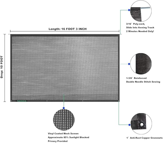Leaveshade RV Awning Sun Shade Screen 10' X 16' 3''- Mesh Sunshade Block Tent Front Sun Galary Motorhome Camping Trailer Sunscreen Screen Netting Shade UV Sunblocker - 3 Year Warranty (Black)