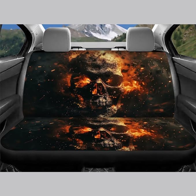 13 Piece 3D Flame Skull Car Seat Covers Full Set Car Steering Wheel Cover, Seat Belt Covers Cup Holder with Keychain, Novelty Design Automotive Protector Set Unverisal Fit
