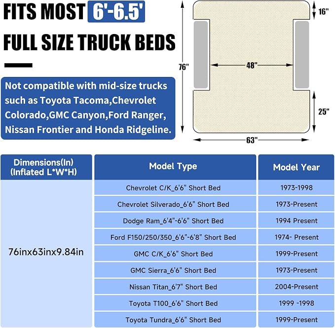 Umbrauto Truck Bed Air Mattress for 6-6.5ft Full Size Short Beds, Inflatable Mattress with Pump, Pick Up Bed Air Mattress for Truck Tent Camping