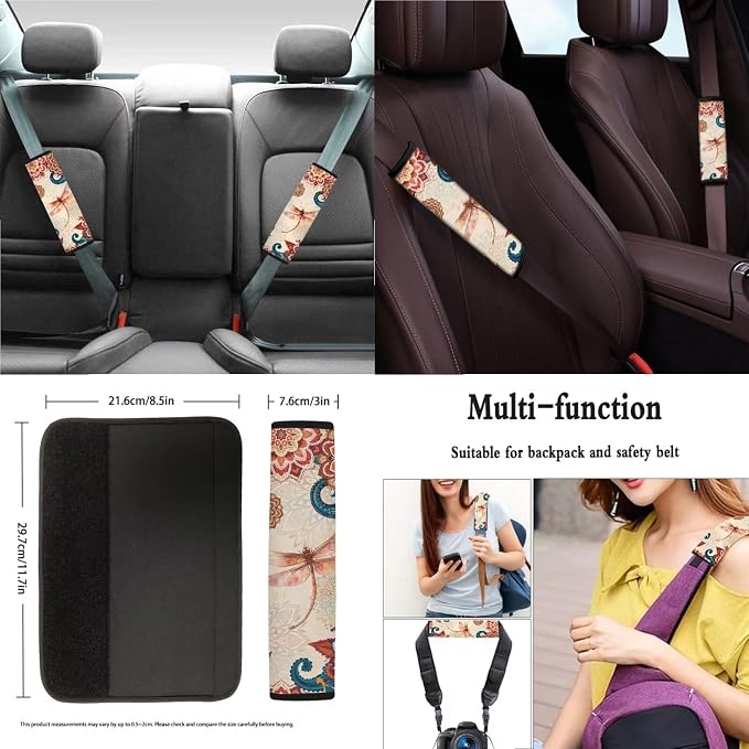 Suobstales Bohemia Mandala Dragonfly Print Car Accessories with Car Front Rear Split Seat Covers, Seat Belt Pads + Steering Wheel Cover + Coaster + Keyrings for Women Set of 11-Pcs