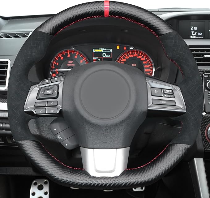 MEWANT Hand Stitch Black Matte PU Carbon Fiber Woven Embossed Athsuede Steering Wheel Cover for Subaru WRX STI 2015-2021