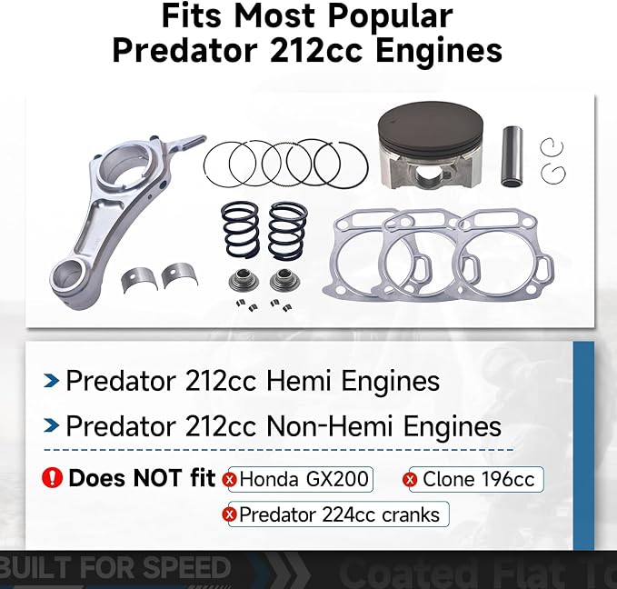 Billet Rod（3.308）70mm Ceramic Coated Flat Top Piston .550 with 18lb Valve Spring Kit for the Harbor Freight Predator 212cc Hemi and Non-Hemi versions Engine Minibike Go Kart Cart