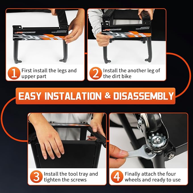 JFG RACING Dirt Bike Stand Detachable Dirt Bike Maintenance Stand Movable Pit Bike Stand with Wheels and Tool Tray