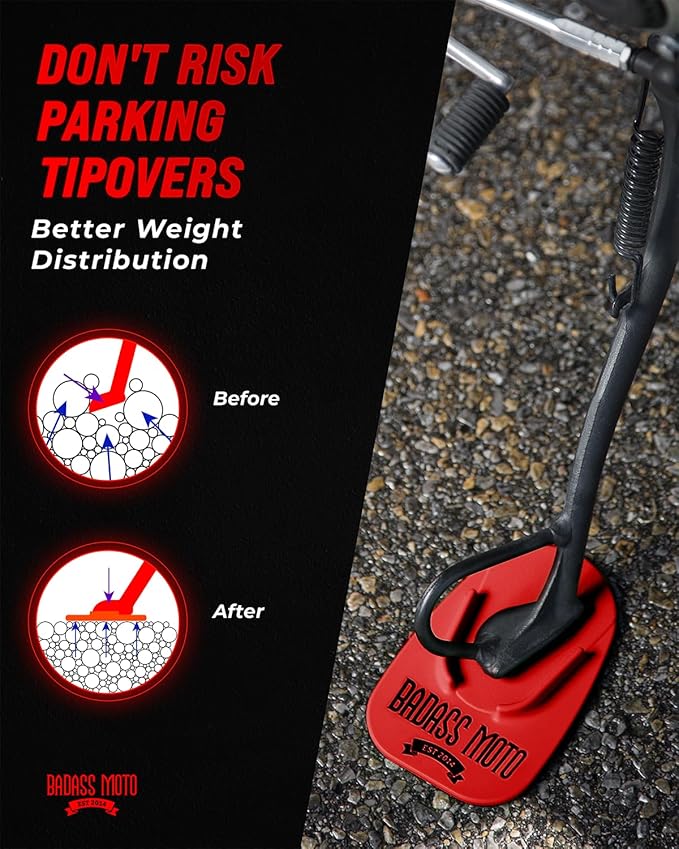 Badass Moto Motorcycle Kickstand Pad, Kick Stand Puck, Coaster Plate for Harley Davidson Touring, Sport Bike, Cruiser, Motorcycle Accessories for Grass, Dirt, Hot Pavement Parking Pad, Made in USA,Red